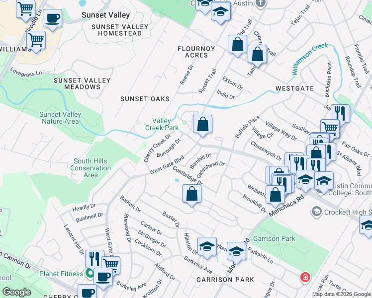 map of restaurants, bars, coffee shops, grocery stores, and more near 5700 West Gate Boulevard in Austin