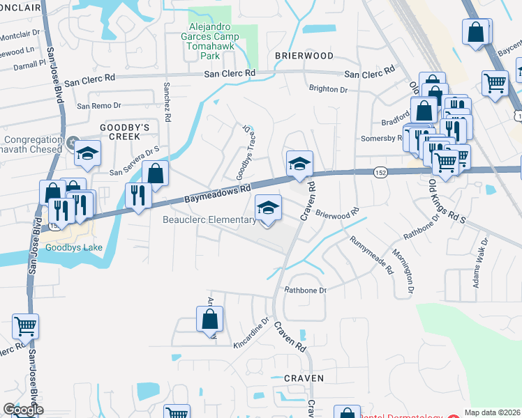 map of restaurants, bars, coffee shops, grocery stores, and more near 4722 Brierwood Road in Jacksonville