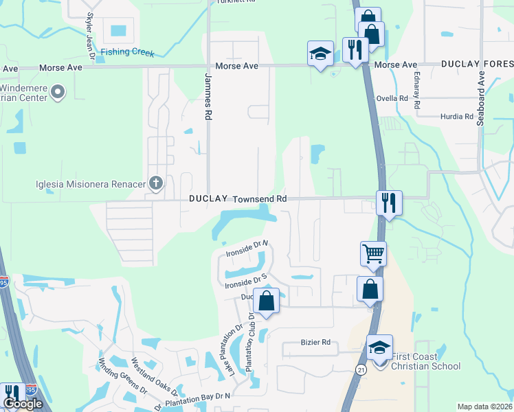 map of restaurants, bars, coffee shops, grocery stores, and more near 6178 Townsend Road in Jacksonville