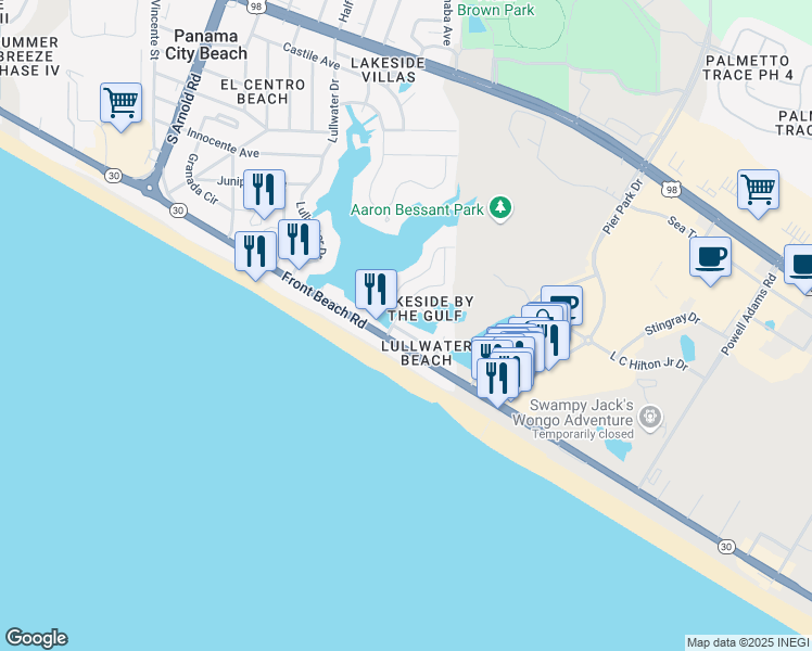 map of restaurants, bars, coffee shops, grocery stores, and more near 100 Lakeview Circle in Panama City Beach