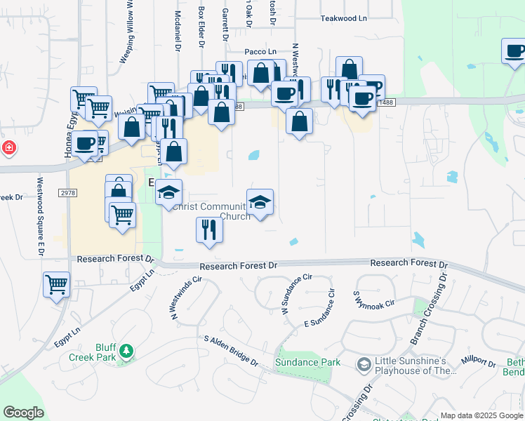 map of restaurants, bars, coffee shops, grocery stores, and more near 5715 Farm to Market Road 1488 in Magnolia