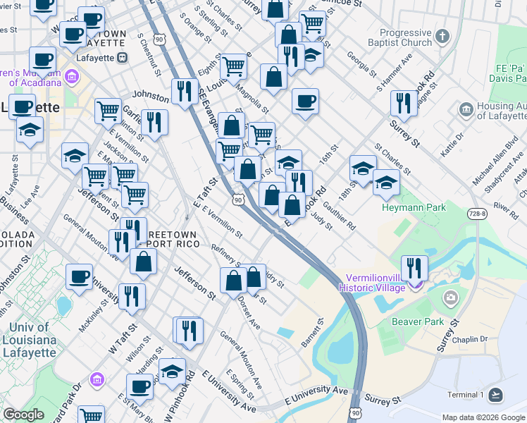 map of restaurants, bars, coffee shops, grocery stores, and more near 218 Chag St in Lafayette