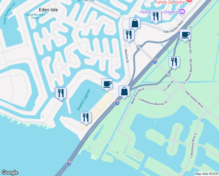 map of restaurants, bars, coffee shops, grocery stores, and more near 951 Marina Drive in Slidell