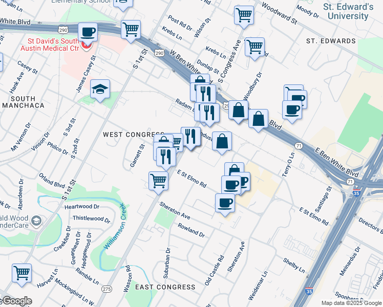 map of restaurants, bars, coffee shops, grocery stores, and more near 4329 South Congress Avenue in Austin