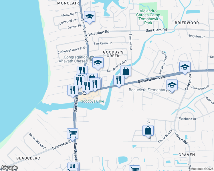 map of restaurants, bars, coffee shops, grocery stores, and more near 8842 Goodby's Executive Drive in Jacksonville