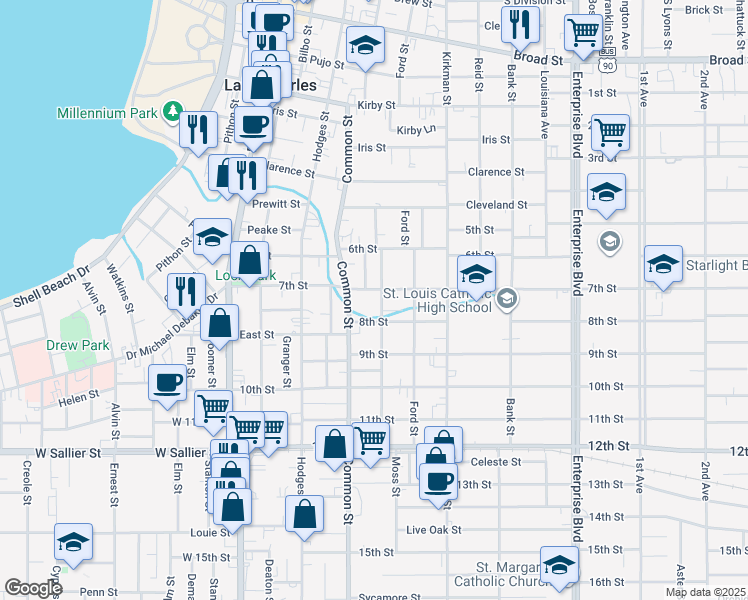 map of restaurants, bars, coffee shops, grocery stores, and more near 612-620 7th St in Lake Charles