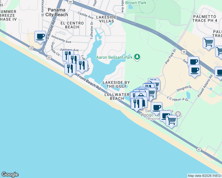 map of restaurants, bars, coffee shops, grocery stores, and more near 100 Lakeview Circle in Panama City Beach
