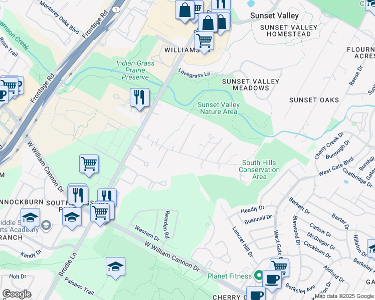 map of restaurants, bars, coffee shops, grocery stores, and more near 766 Oakdale Drive in Sunset Valley