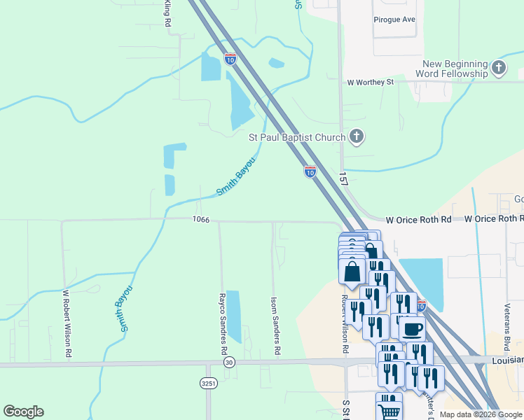 map of restaurants, bars, coffee shops, grocery stores, and more near 10296 Joe Jackson Road in Gonzales