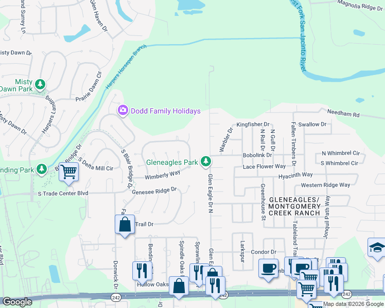 map of restaurants, bars, coffee shops, grocery stores, and more near 126 Wimberly Way in Conroe
