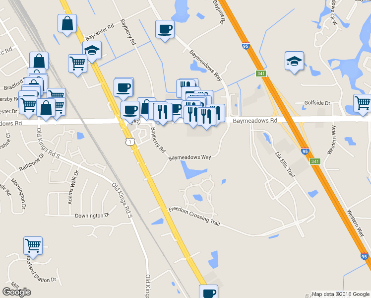 map of restaurants, bars, coffee shops, grocery stores, and more near 8421 Baymeadows Way in Jacksonville