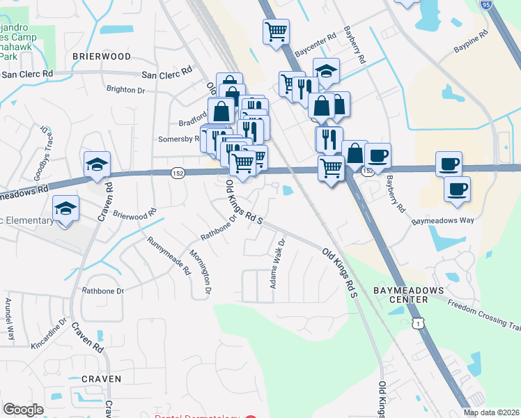 map of restaurants, bars, coffee shops, grocery stores, and more near 8849 Old Kings Road South in Jacksonville