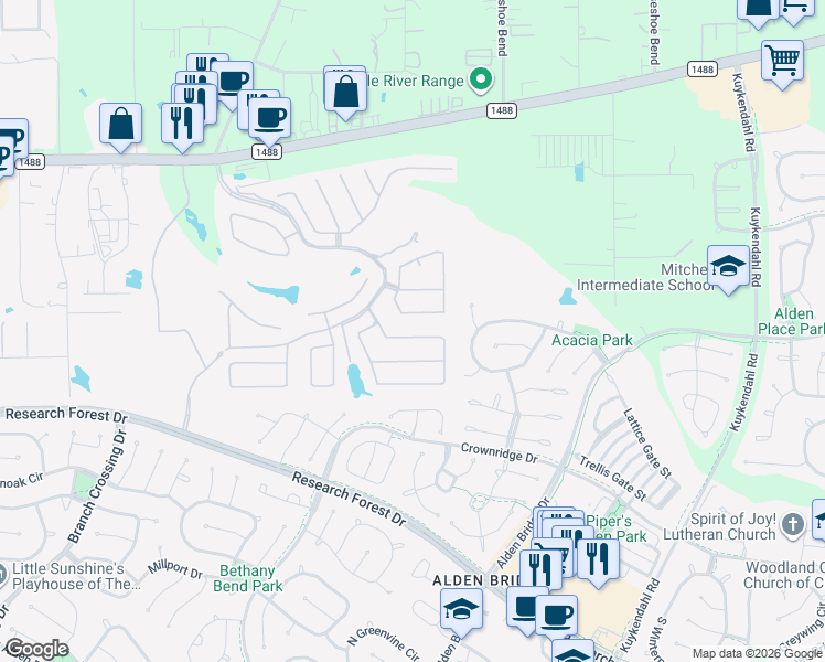 map of restaurants, bars, coffee shops, grocery stores, and more near 229 Friesian Lane in Spring