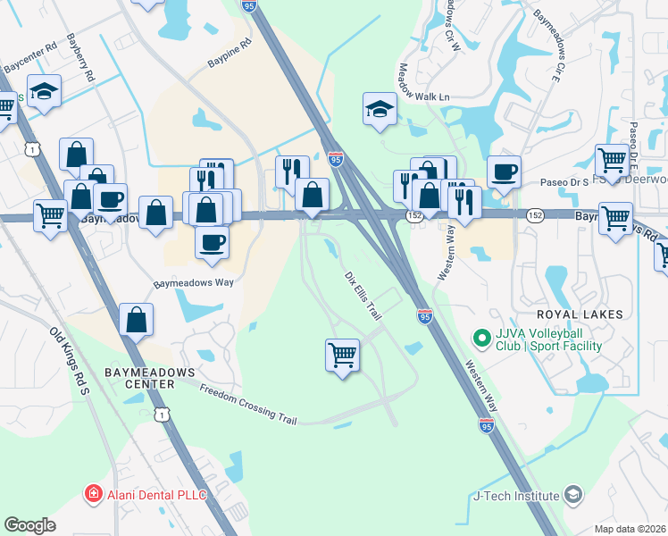 map of restaurants, bars, coffee shops, grocery stores, and more near 8255 Dix Ellis Trail in Jacksonville