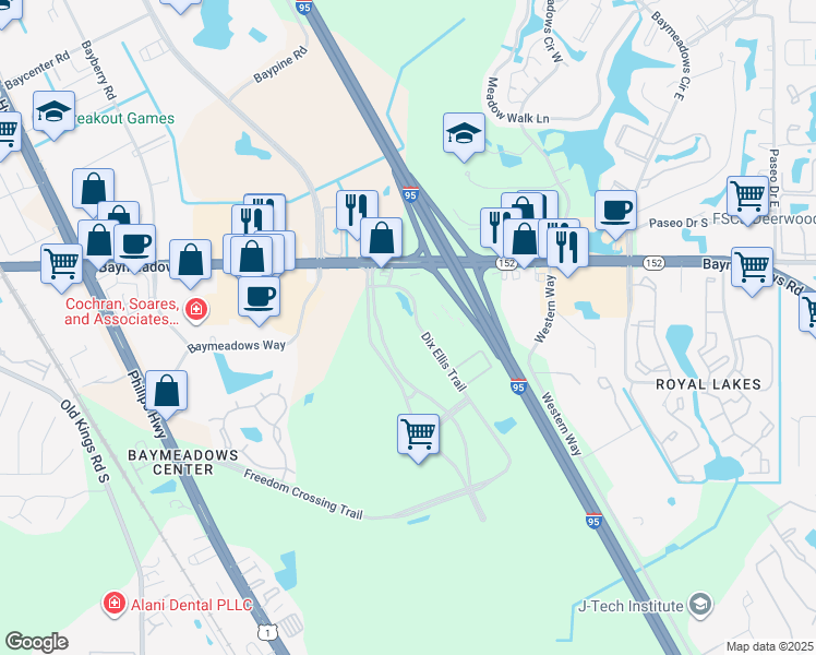 map of restaurants, bars, coffee shops, grocery stores, and more near 8255 Dix Ellis Trail in Jacksonville