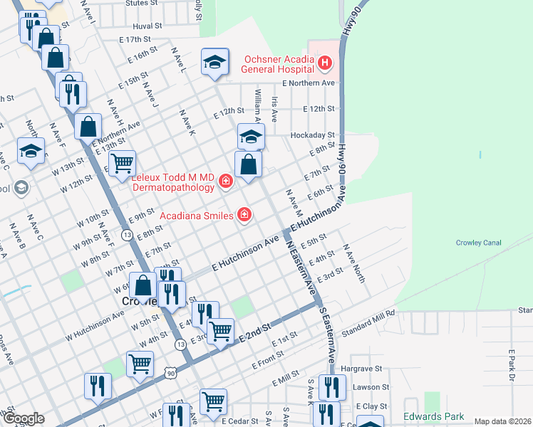 map of restaurants, bars, coffee shops, grocery stores, and more near 605 North Eastern Avenue in Crowley