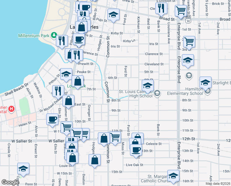map of restaurants, bars, coffee shops, grocery stores, and more near 612-620 7th St in Lake Charles