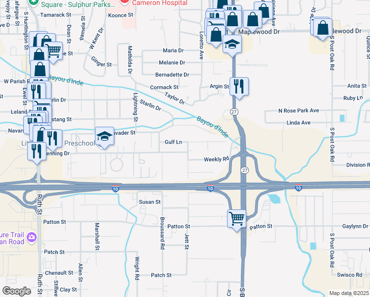 map of restaurants, bars, coffee shops, grocery stores, and more near 1357 Henning Drive in Sulphur