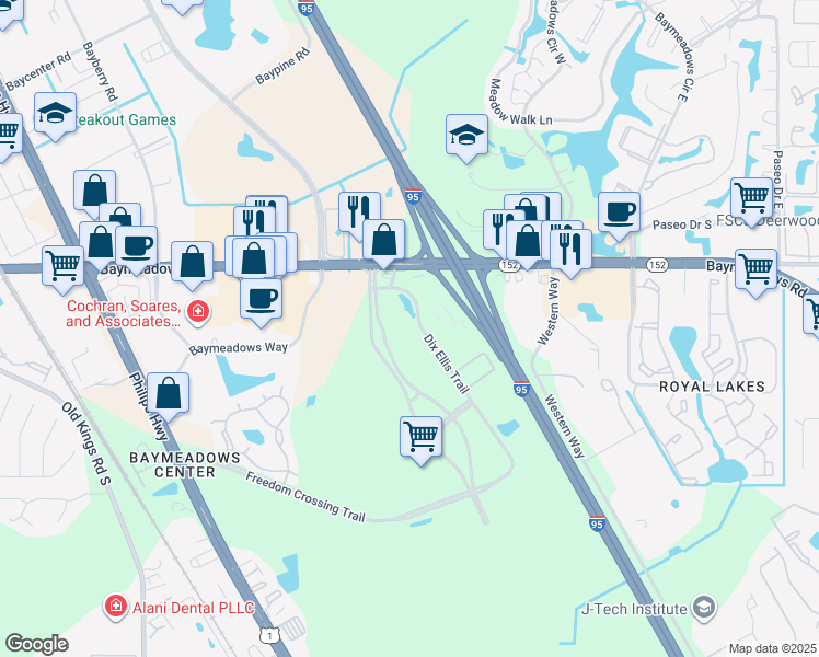 map of restaurants, bars, coffee shops, grocery stores, and more near 8255 Dix Ellis Trail in Jacksonville