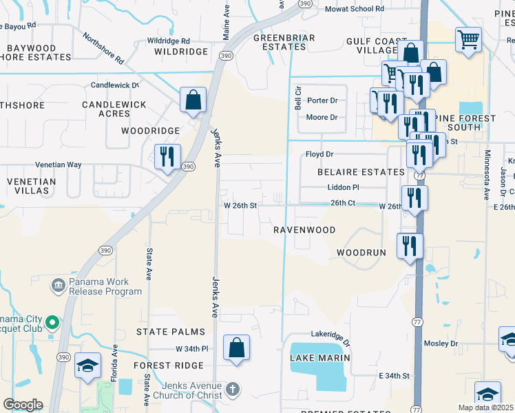 map of restaurants, bars, coffee shops, grocery stores, and more near 914 West 26th Street in Lynn Haven