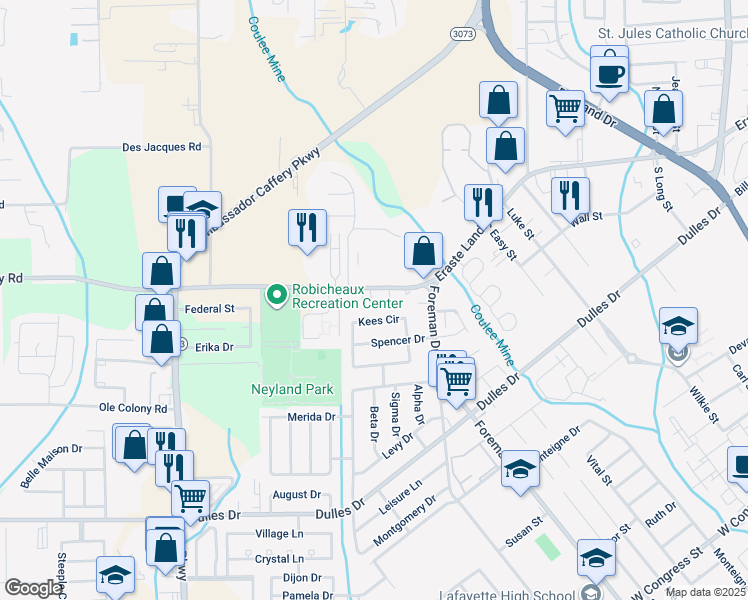 map of restaurants, bars, coffee shops, grocery stores, and more near 2421 Eraste Landry Road in Lafayette