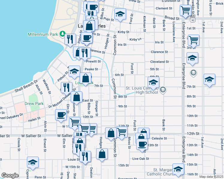 map of restaurants, bars, coffee shops, grocery stores, and more near 528 7th Street in Lake Charles