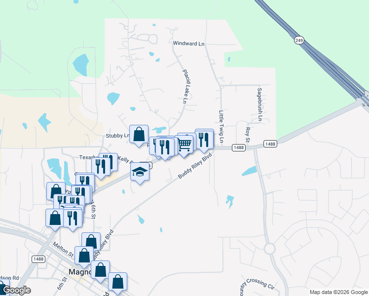 map of restaurants, bars, coffee shops, grocery stores, and more near 17710 Rolling Hills Drive in Magnolia