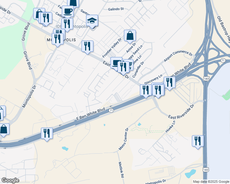 map of restaurants, bars, coffee shops, grocery stores, and more near 2114 Uphill Lane in Austin