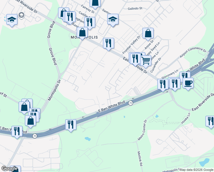 map of restaurants, bars, coffee shops, grocery stores, and more near 7105 Mowbray Street in Austin