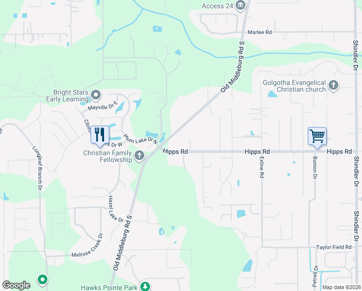 map of restaurants, bars, coffee shops, grocery stores, and more near 9317 Hipps Road in Jacksonville