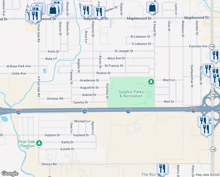 map of restaurants, bars, coffee shops, grocery stores, and more near 2261-2299 Fuchsia Street in Sulphur