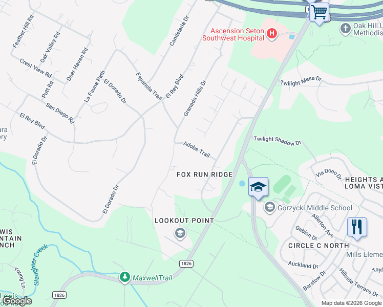 map of restaurants, bars, coffee shops, grocery stores, and more near 7805 Adobe Trail in Austin