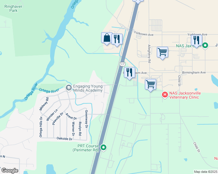 map of restaurants, bars, coffee shops, grocery stores, and more near 4714 Ortega Hills Drive in Jacksonville