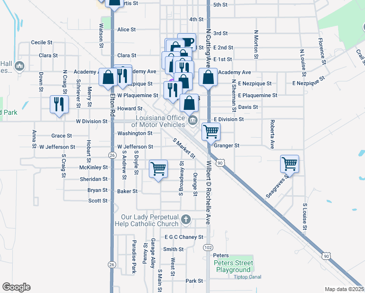 map of restaurants, bars, coffee shops, grocery stores, and more near 101 South Market Street in Jennings