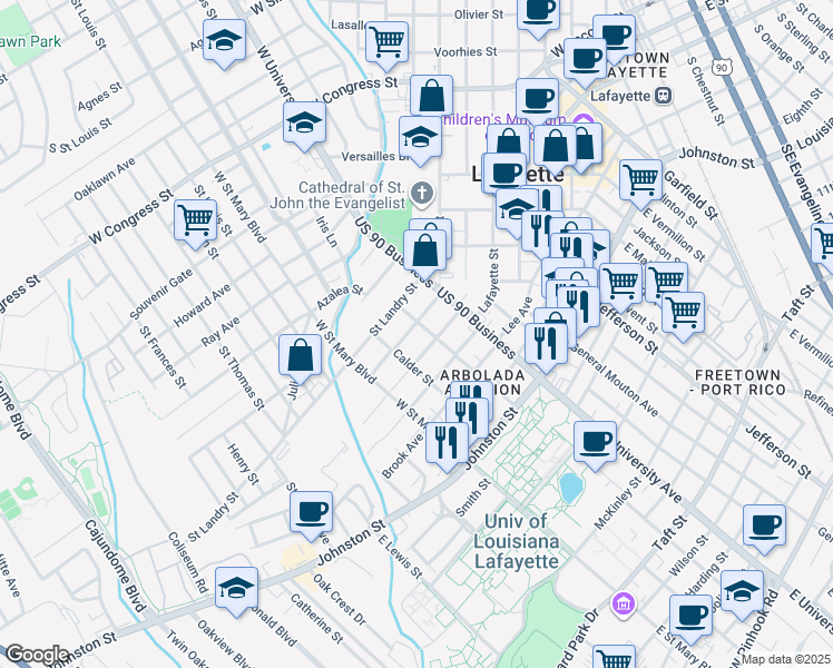 map of restaurants, bars, coffee shops, grocery stores, and more near 1231 Saint John Street in Lafayette