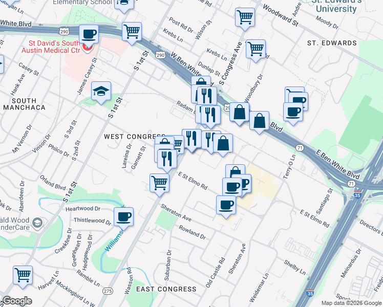 map of restaurants, bars, coffee shops, grocery stores, and more near 4315 South Congress Avenue in Austin