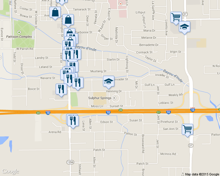 map of restaurants, bars, coffee shops, grocery stores, and more near 919 Henning Drive in Sulphur