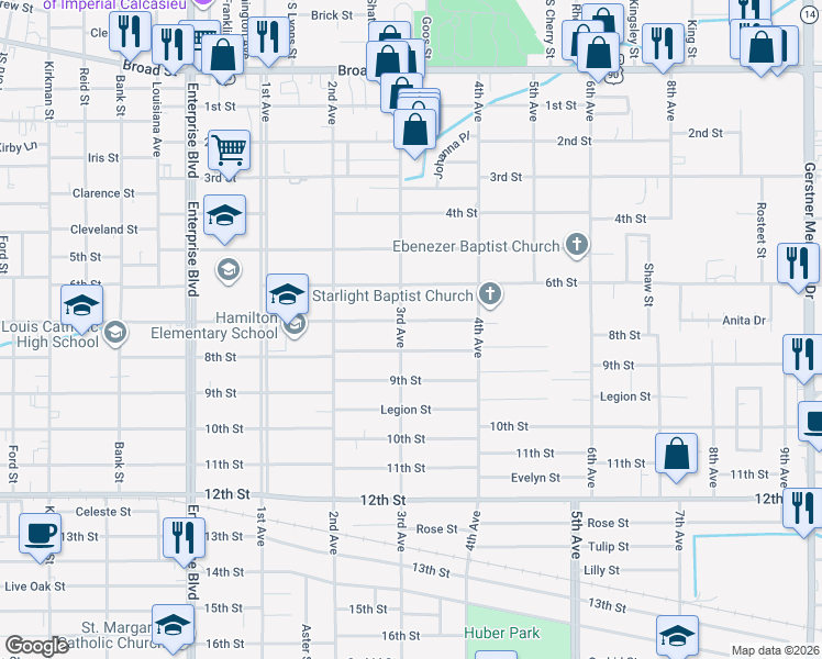 map of restaurants, bars, coffee shops, grocery stores, and more near 1824 7th Street in Lake Charles
