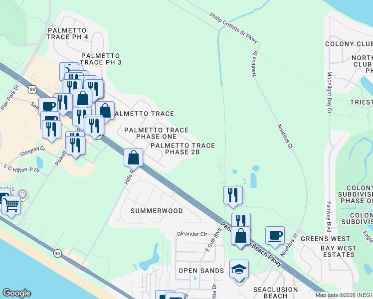 map of restaurants, bars, coffee shops, grocery stores, and more near 46 Park Place in Panama City Beach