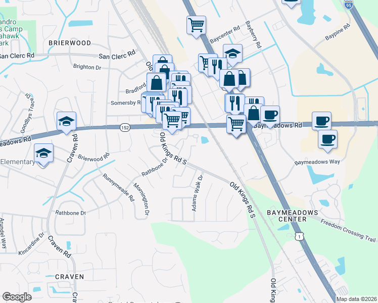map of restaurants, bars, coffee shops, grocery stores, and more near 8849 Old Kings Road South in Jacksonville