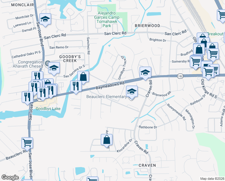 map of restaurants, bars, coffee shops, grocery stores, and more near 16 4500-5 Baymeadows Ap in Jacksonville