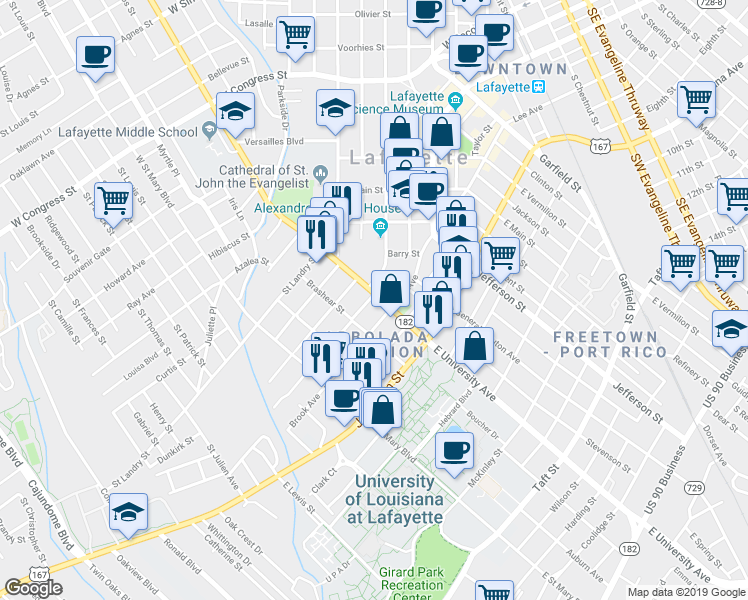 map of restaurants, bars, coffee shops, grocery stores, and more near 110 Cherry Street in Lafayette