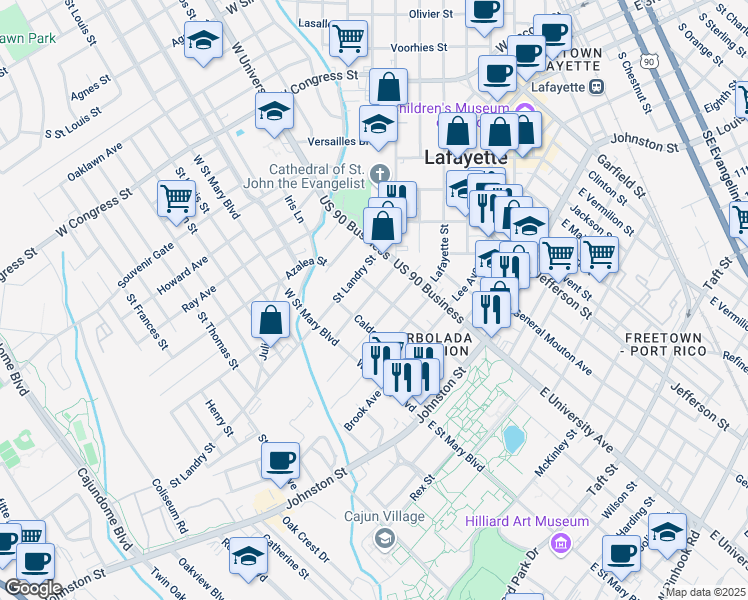 map of restaurants, bars, coffee shops, grocery stores, and more near 1231 Saint John Street in Lafayette