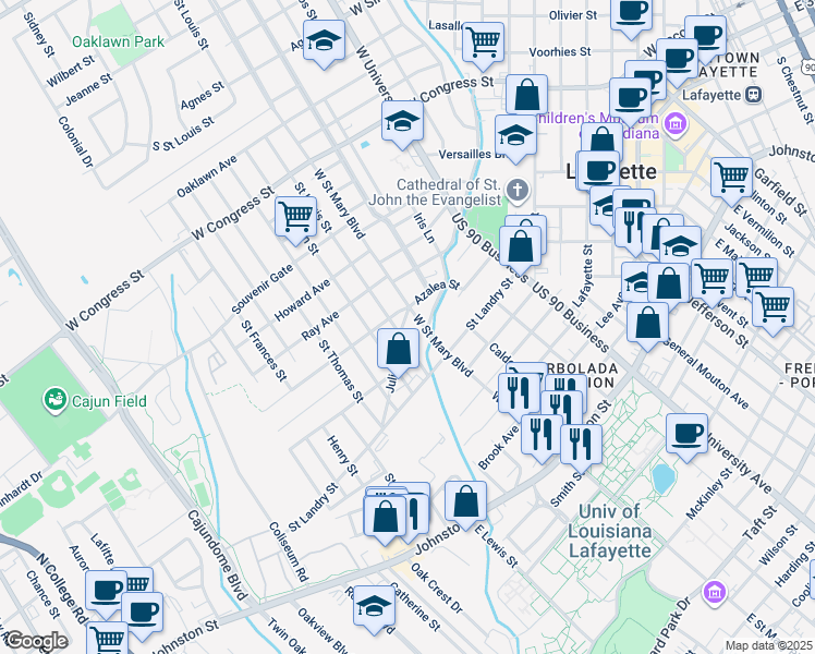 map of restaurants, bars, coffee shops, grocery stores, and more near 813 West Saint Mary Boulevard in Lafayette