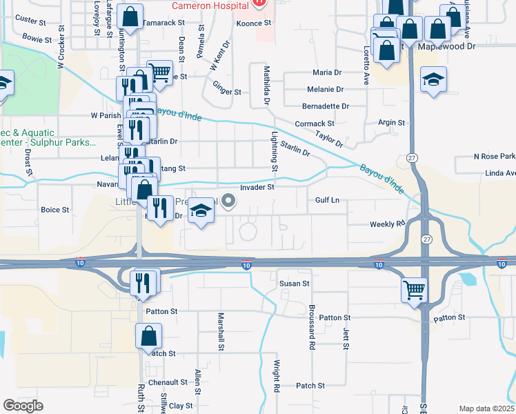 map of restaurants, bars, coffee shops, grocery stores, and more near 635 Invader Street in Sulphur