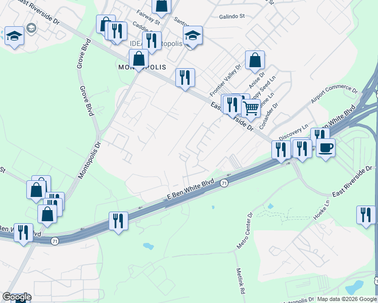 map of restaurants, bars, coffee shops, grocery stores, and more near 7105 Mowbray Street in Austin