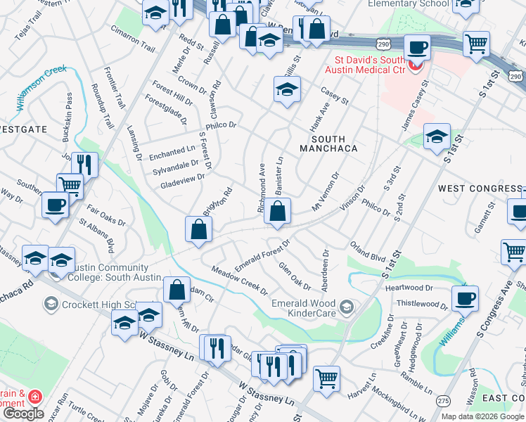 map of restaurants, bars, coffee shops, grocery stores, and more near in Austin