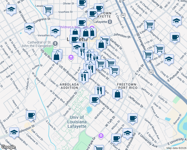 map of restaurants, bars, coffee shops, grocery stores, and more near 1027 Johnston Street in Lafayette