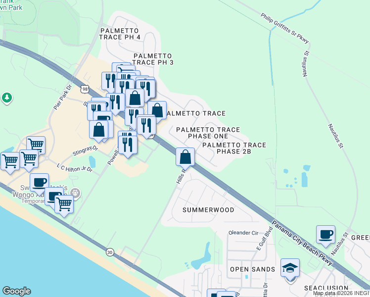 map of restaurants, bars, coffee shops, grocery stores, and more near 205 Biltmore Place in Panama City Beach