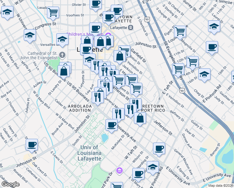 map of restaurants, bars, coffee shops, grocery stores, and more near 802 Gordon Street in Lafayette